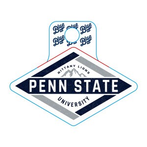 rhombus shaped decal with Nittany Lions arched above mountains, Penn State, and University